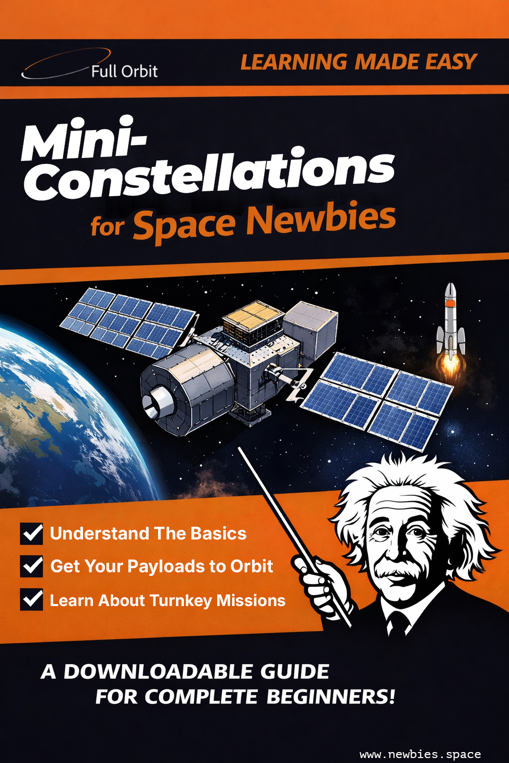 Mini-constellation of identical satellites with a highlighted payload integration bay showing turnkey mission-as-a-service.